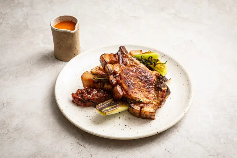 Pork Chops and Burnt Leeks with Rhubarb Chutney Recipe
