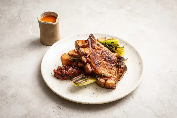 Pork Chops and Burnt Leeks with Rhubarb Chutney Recipe