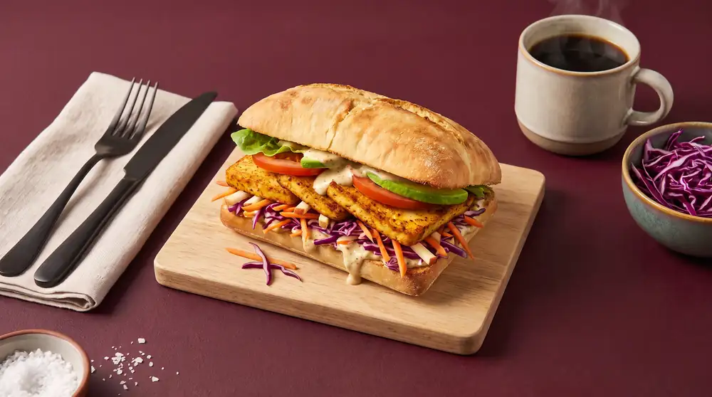 Colorful sandwich with crispy tofu and fresh red cabbage salad