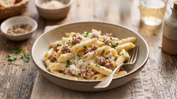 Penne con salchicha y queso stracchino, listo en 10 minutos: la receta que te salvará la cena y que a todos les encantará