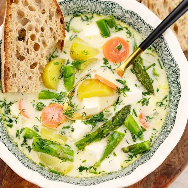 Asparagus soup with feta cheese