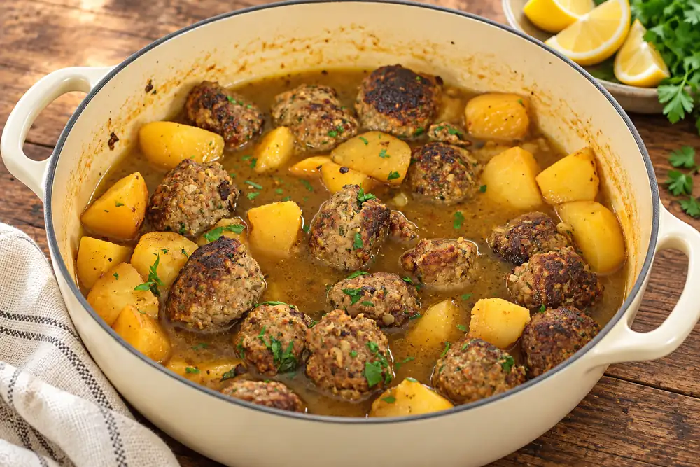 Stovetop Lemony Beeftekia me Patates