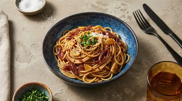 Pasta with intensely caramelized shallots and red wine brightens up every day