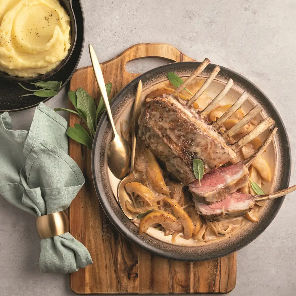 Rack of lamb with white wine, sage and caramelized pears
