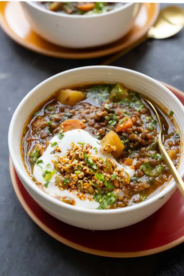Lentil Potato Soup with Crunchy Seed Topping