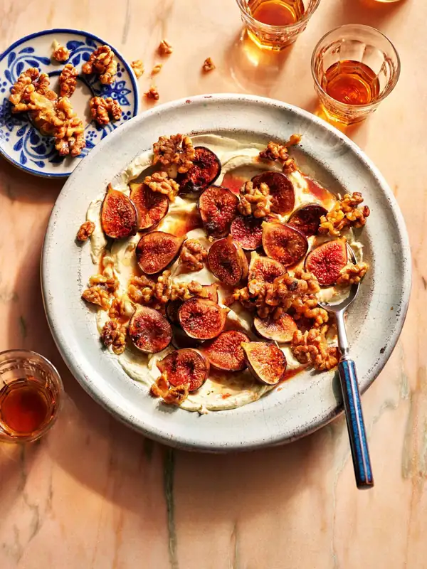 Roasted figs with labneh and spiced candied walnuts