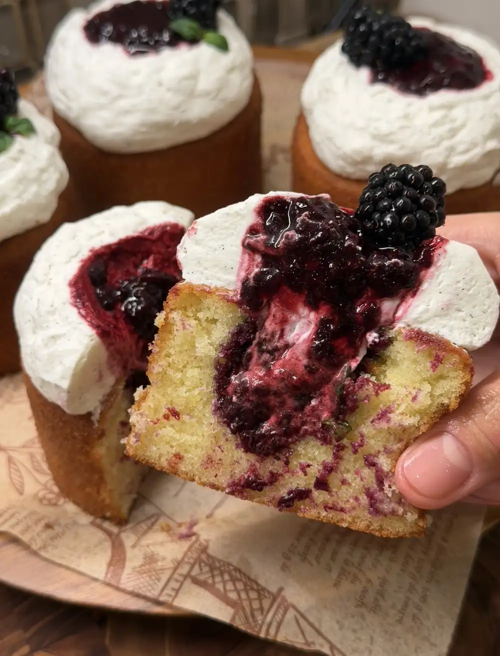 Sweet Corn Cake with Vanilla Bean Cream and Blackberry Compote