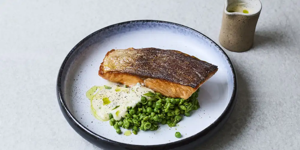 Crispy Salmon With Beurre Blanc, Crushed Peas And Parsley Oil Recipe