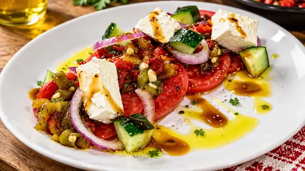 Layered salad with roasted peppers, tomatoes and cheese