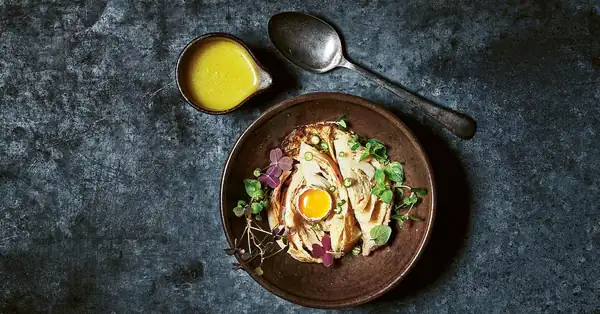Charcoal-Roasted Savoy Cabbage with Lemon Sauce and Quail’s Egg