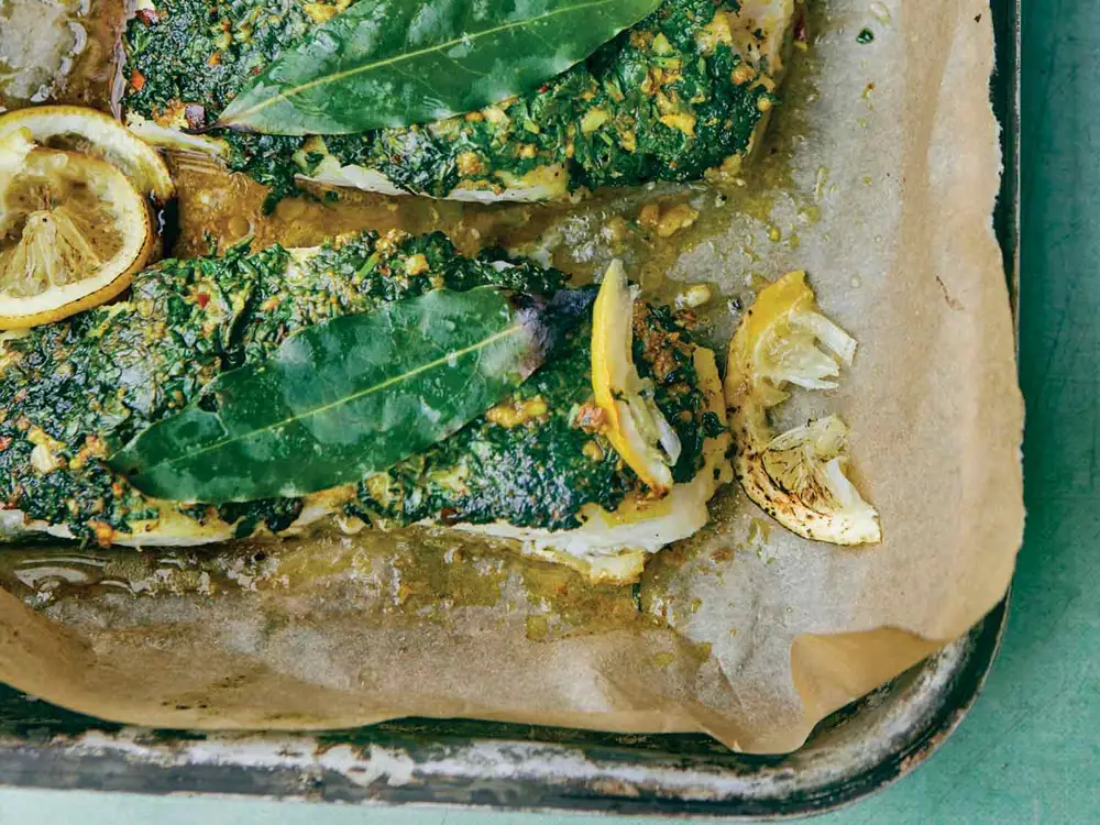 Roasted Cod with a Cilantro Crust (Samak mashew bil cozbara w al limon)