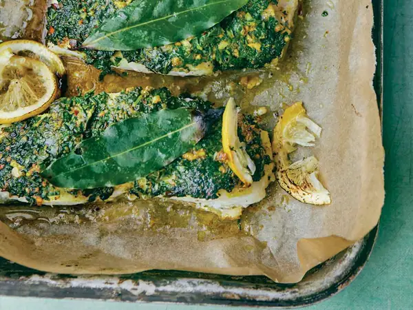 Roasted Cod with a Cilantro Crust (Samak mashew bil cozbara w al limon)