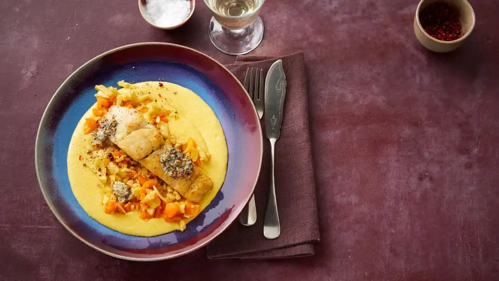 Polenta with roots and pollock fillet for Thermomix®