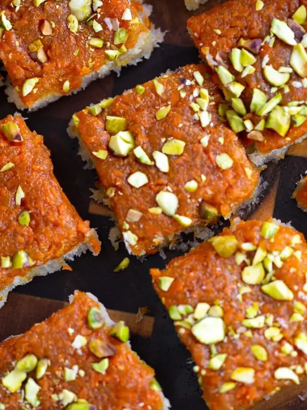 Layered Carrot Halwa Coconut Burfi Bars