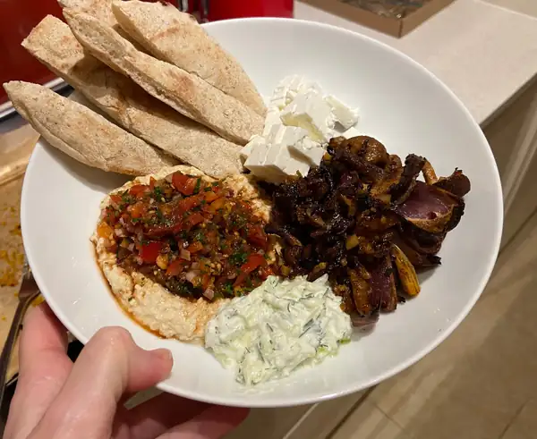 Mushroom Skewers with Ezme & Hummus
