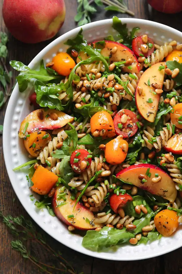 Peach Pasta Salad with Arugula and Tomatoes