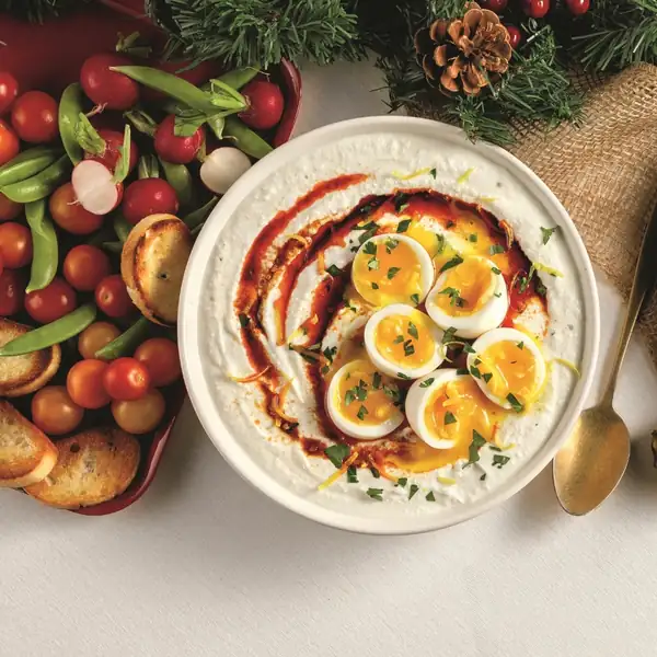 Whipped ricotta and yogurt dip with soft-boiled eggs