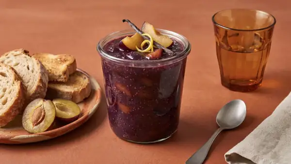 Fruity plum jam with chia seeds, completely without gelling sugar