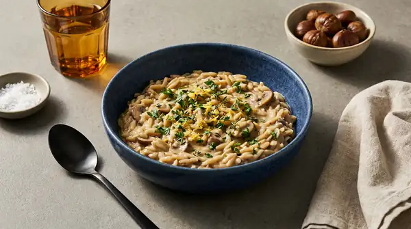 Creamy orzo stir-fry with chestnuts and fried mushrooms