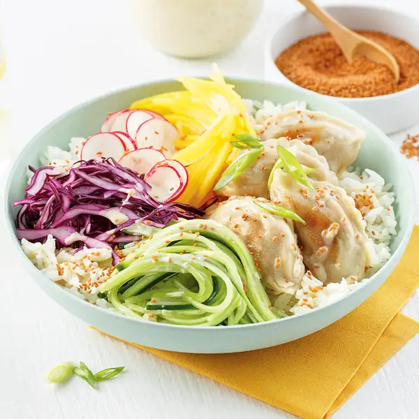 Bowls with Asian-style dumplings