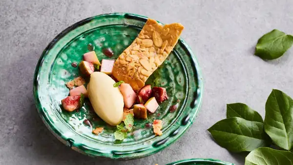 Pear sorbet on almond nougatine
