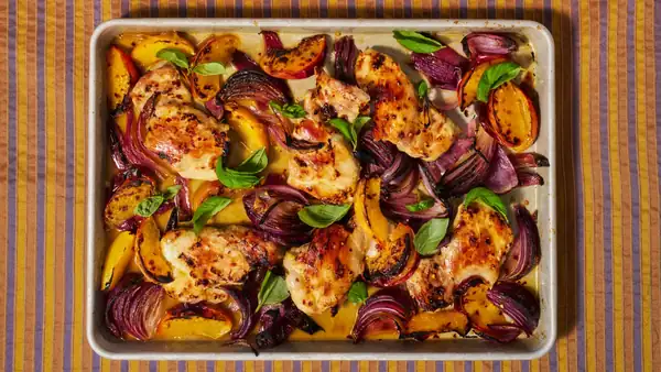 Sheet-Pan Hot Honey Chicken and Peaches