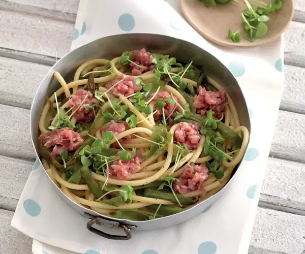 Bucatini With Sausage Spread, Peppers and Sprouts