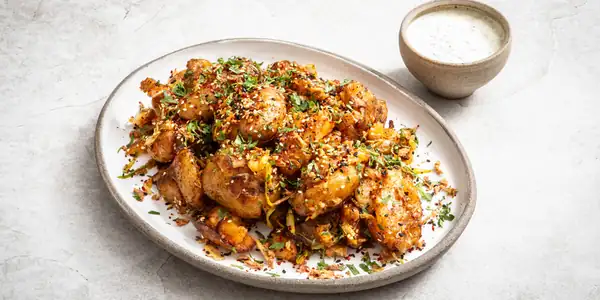 Smashed Potatoes With Lime And Chilli Chutney And Herby Yoghurt Dip Recipe