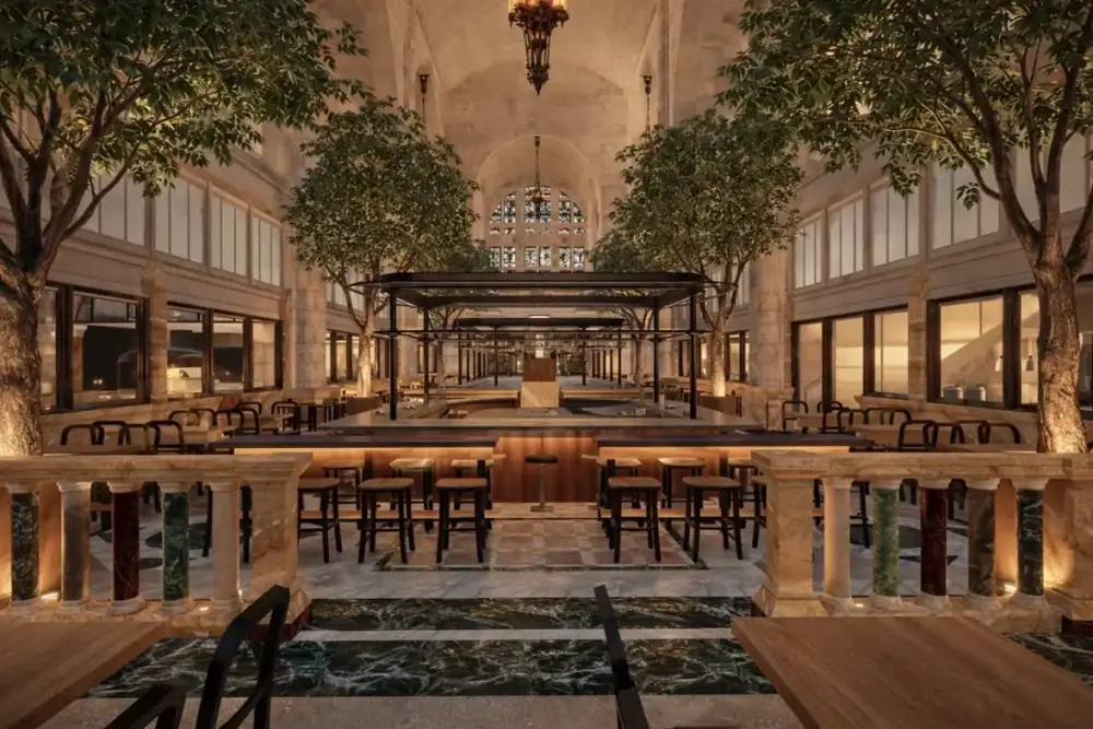 Brooklyn’s 512-foot historic Clocktower is being resurrected as a massive, world-class culinary destination—with theatrical open kitchens, aperitivo bars, & hidden dining spaces