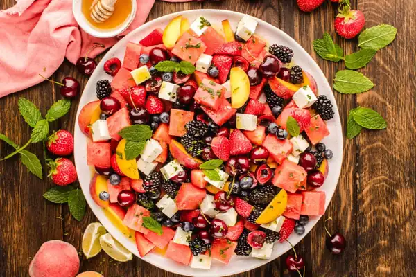 Watermelon Salad with Berries, Peaches, Cherries, Feta and Honey-Lime Dressing (Summer Salad)
