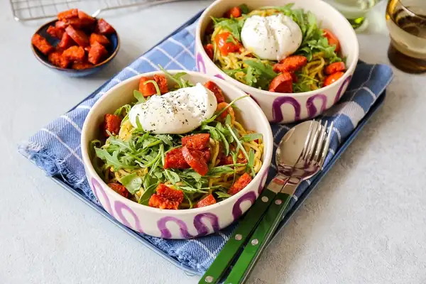 Pesto pasta with burrata and chorizo