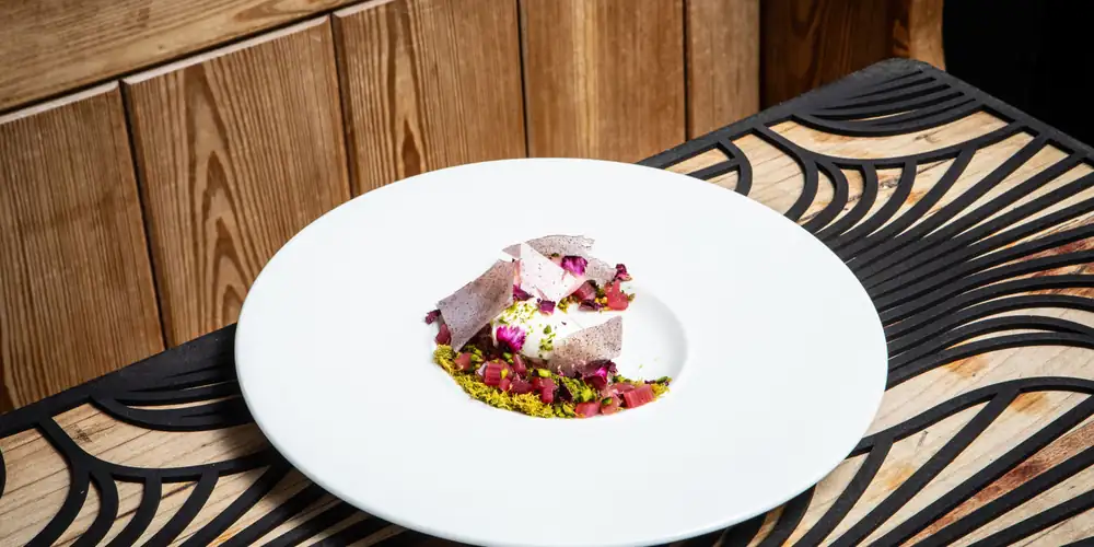 Mastic labneh mousse, pistachio kataifi and rhubarb sorbet