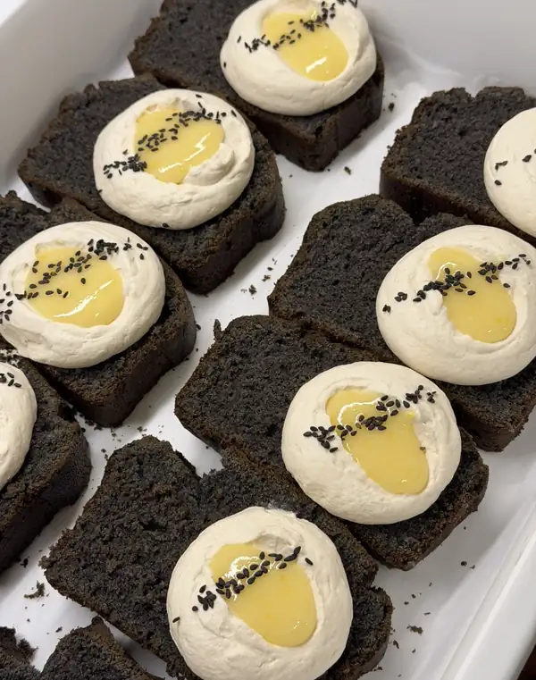 Black Sesame Loaf Cake with Kinako Cream and Yuzu Curd