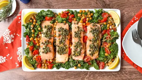 1-Pan Baked Salmon With Mustard Greens And Chickpeas Recipe