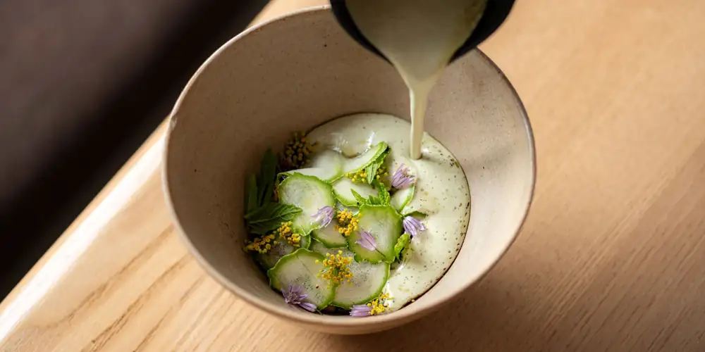 Chilled Pumpkin Seed Soup, Courgettes And Gooseberries Recipe