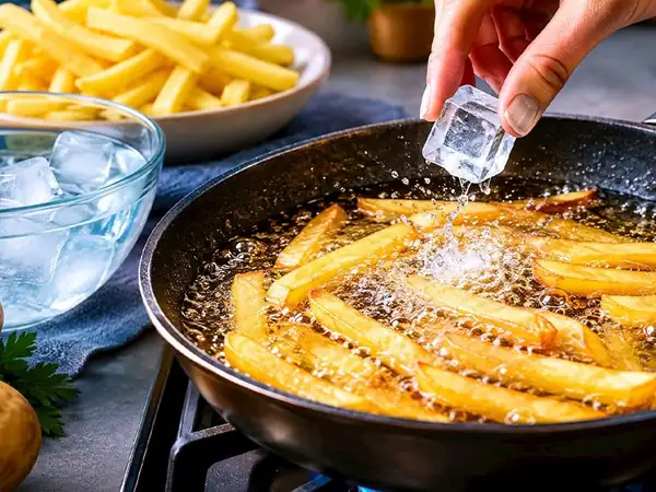 Why do people add an ice cube to the pan when frying potatoes?