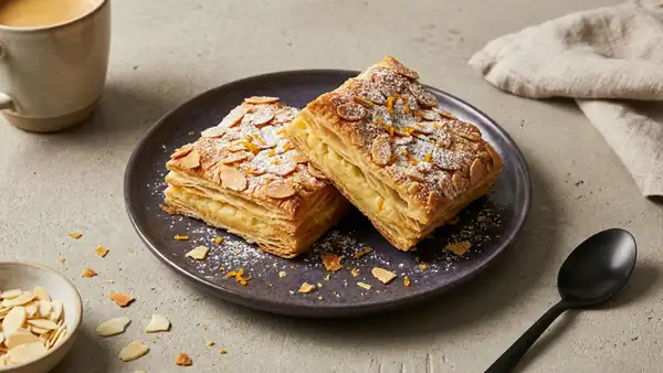 Giant almond croissant from a baking sheet with creamy frangipane filling