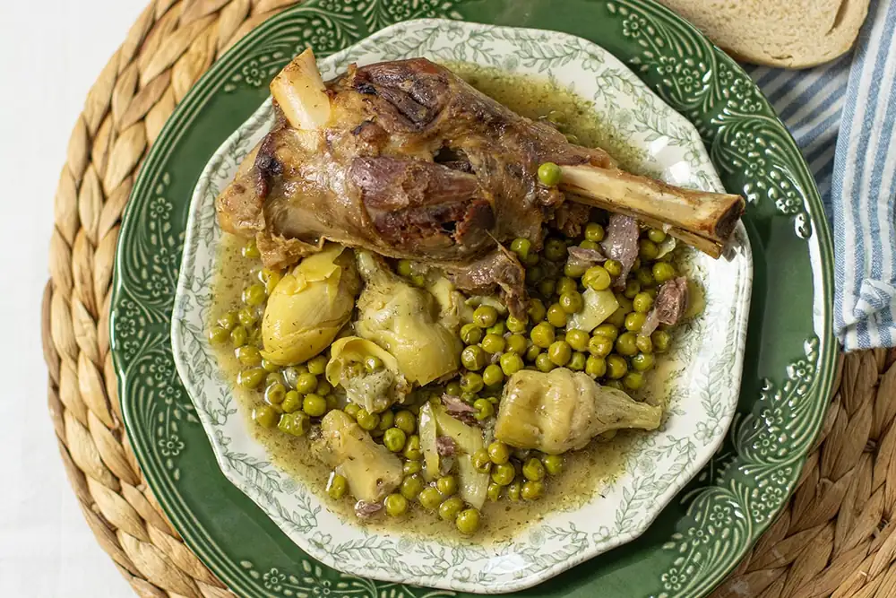 Greek Lemony Lamb Shanks with Artichokes and Peas