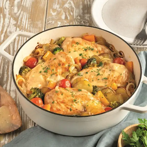 Chicken casserole, vegetables and cheese fondue