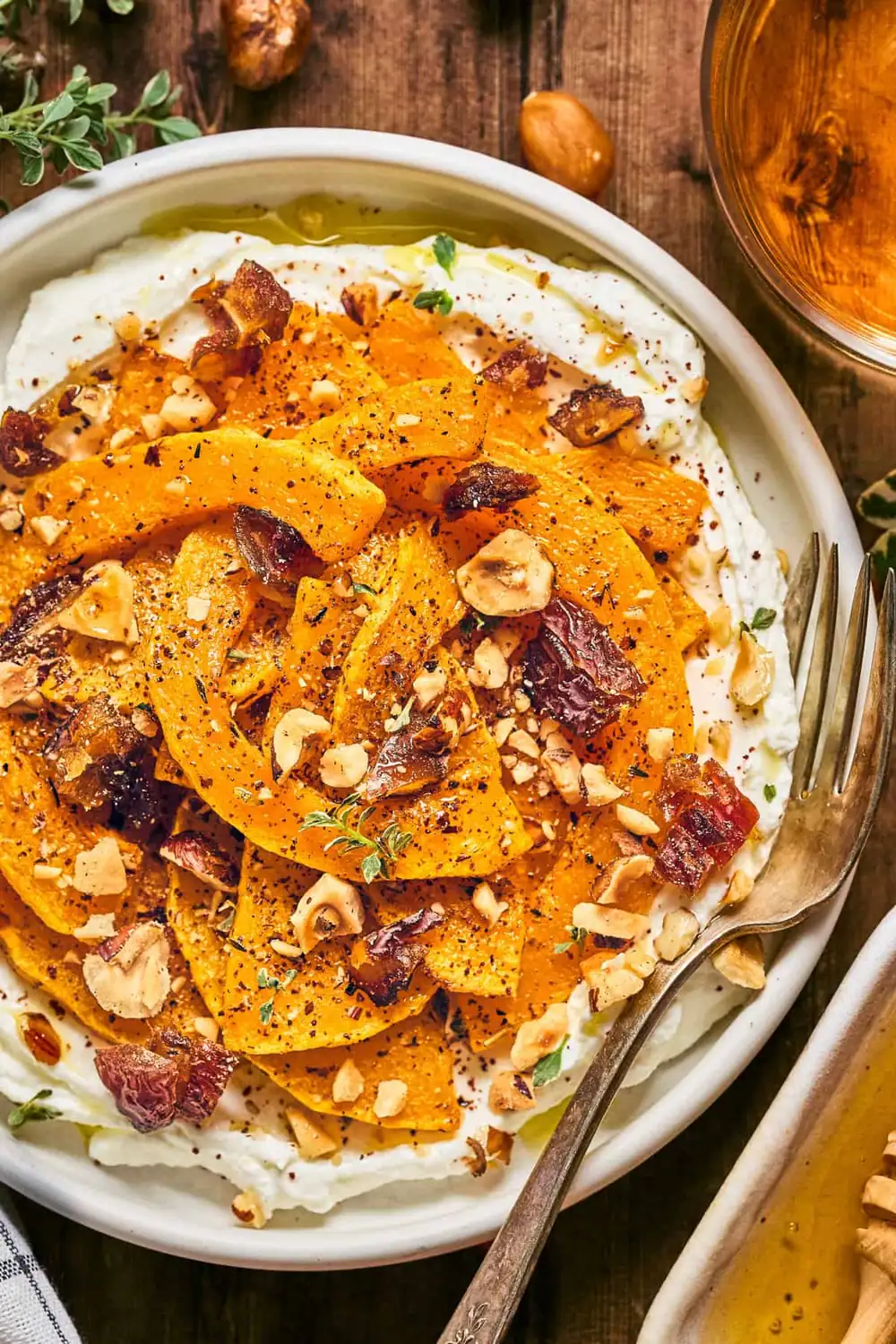 Roasted Butternut Squash with Honey Labneh, Dates, and Hazelnuts