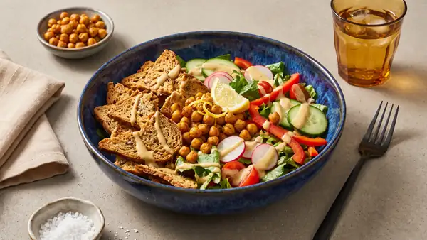 Colorful bread chip bowl with roasted chickpeas