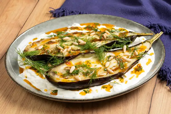 Roasted eggplant with burrata and chili oil