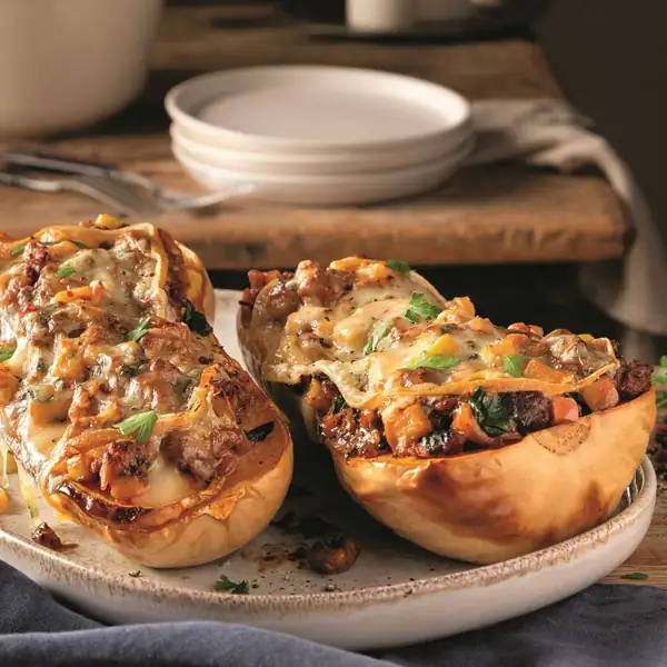 Stuffed squash with sausage and raclette cheese