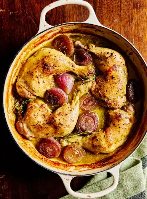 Chicken thighs braised in white wine and rosemary