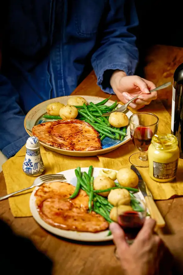 Honey mustard gammon with buttery lemon vegetables
