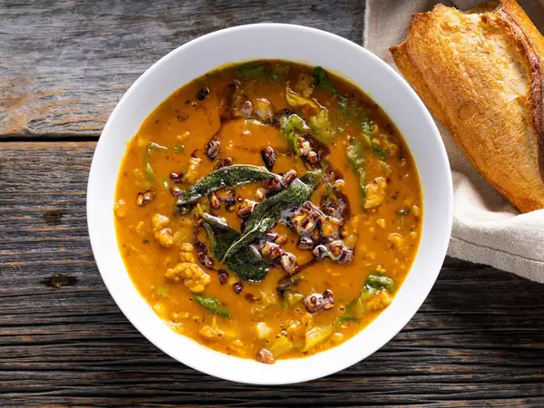 Pumpkin, Sausage, and Escarole Soup with Sage Brown Butter