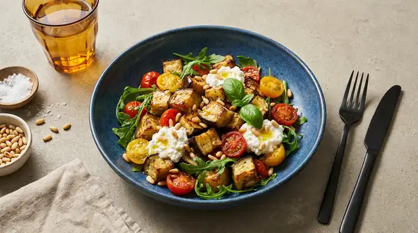 Roasted eggplant salad with creamy ricotta and arugula
