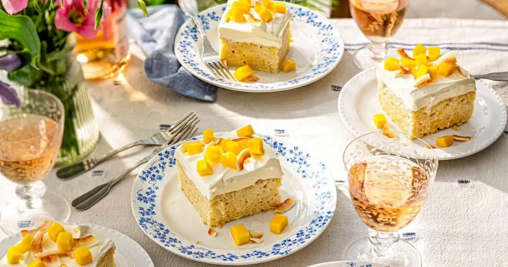 Toasted coconut and mango tres leches cake