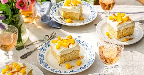 Toasted coconut and mango tres leches cake