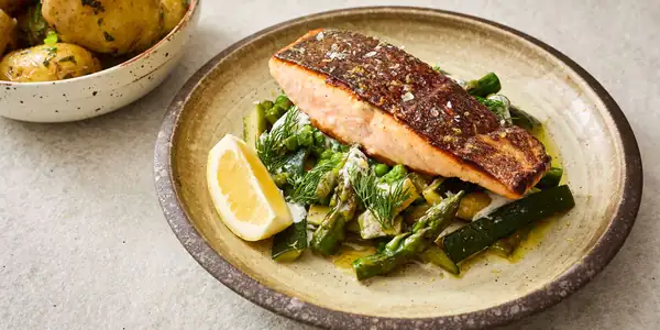 Brined Salmon, Seasonal Vegetables And A Creamy Dill Sauce Recipe